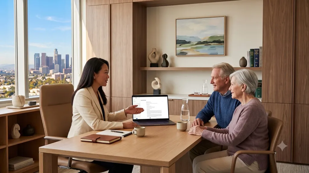 Lawyer consulting with a client couple in a modern law office while evaluating AI meeting recording and confidentiality