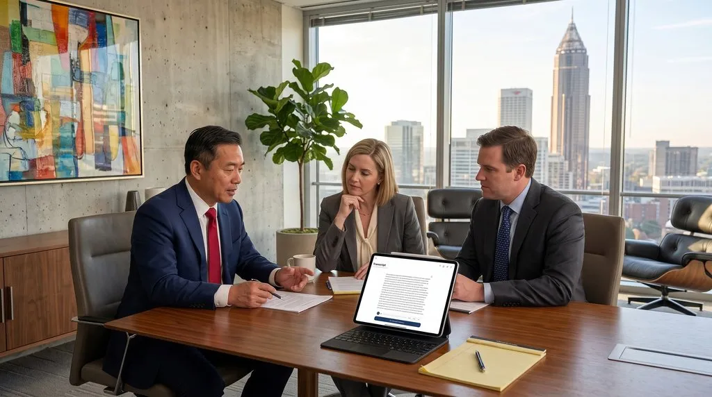 Lawyers evaluating AI transcription software and reviewing legal meeting notes on an iPad in a conference room