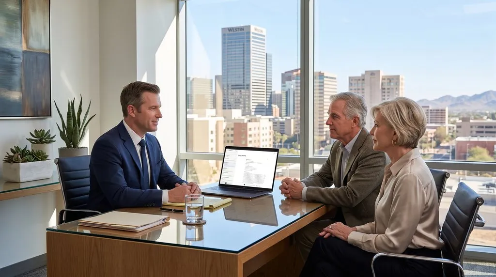 A lawyer meeting with a couple to discuss their estate plan, with a laptop displaying a File Note on the desk